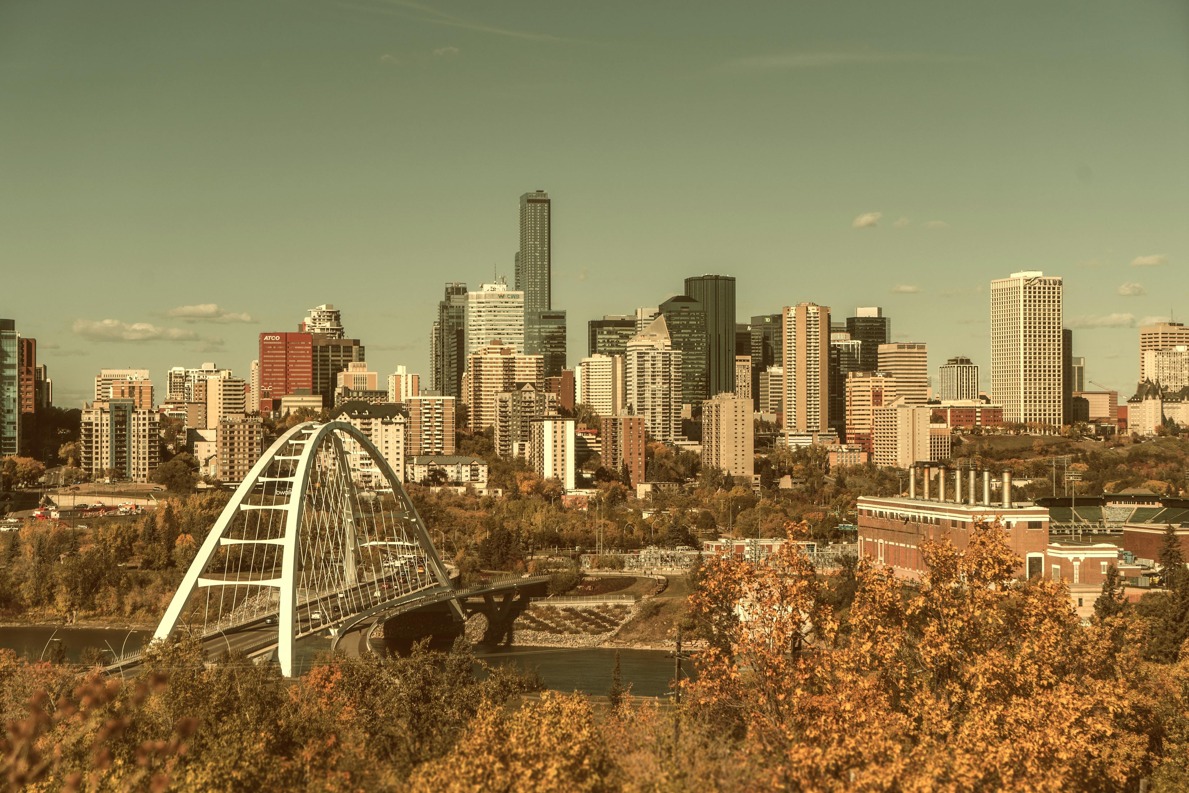 Edmonton's skyline on a clear day with a white bridge, the river and fall leaves in the foreground.
